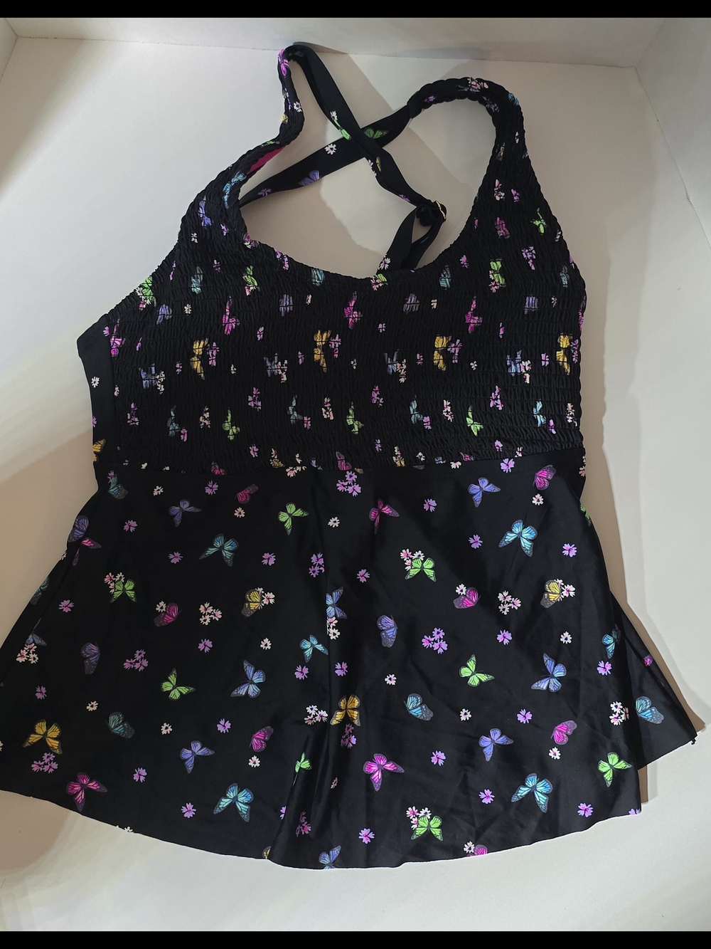 California Waves Black Butterfly Floral Smocked Tankini Top with Hot Pink Lining